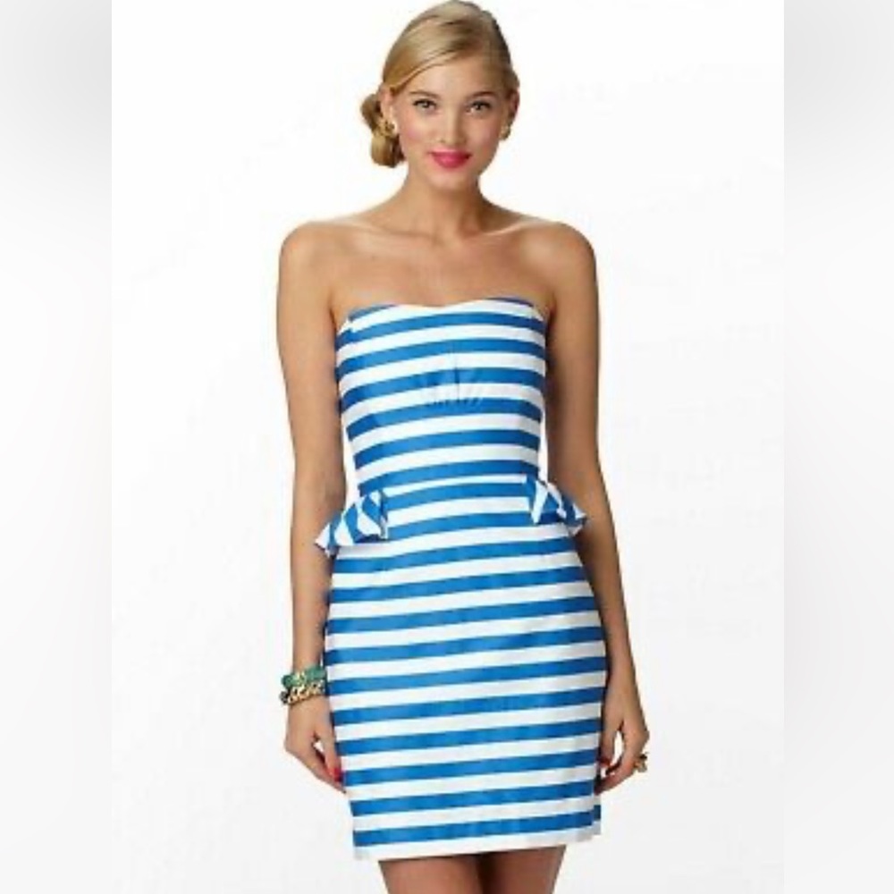 Lilly Pulitzer Maybell Blue and White Striped Strapless Dress